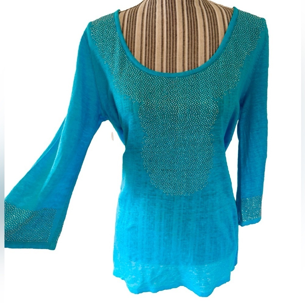 INC Beach collection Blue & Silver Bell Sleeve Blouse